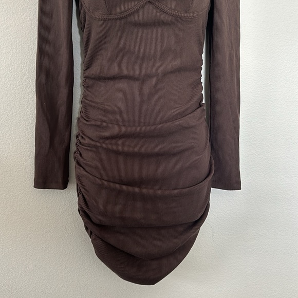 Princess Polly Portia Brown Long Sleeve Ribbed Ruched Mini Dress - Picture 5 of 12